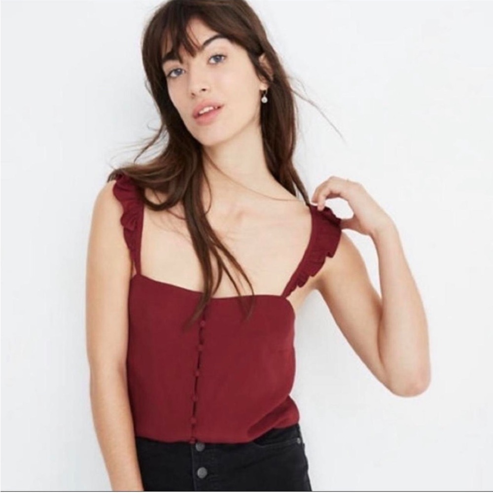 Madewell maroon ruffle strap button down  tank top size 10 .
